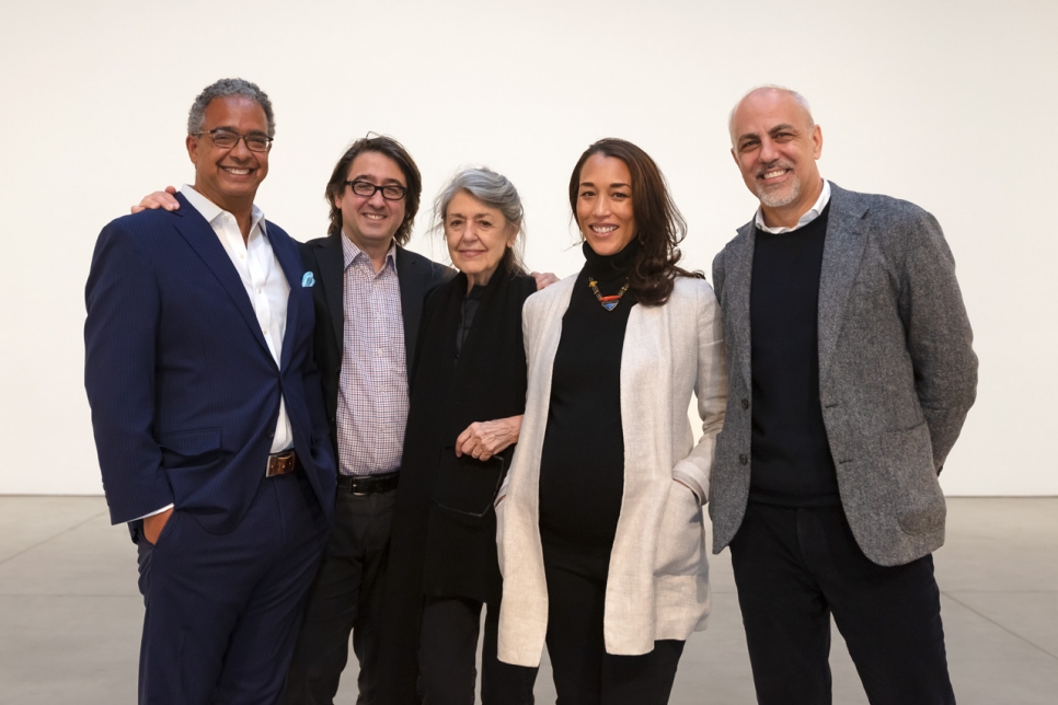 A portrait of the partners with Paula Cooper. From left to right: Steve Henry, Lucas Cooper, Paula Cooper, Alexis Johnson, Anthony Allen.
